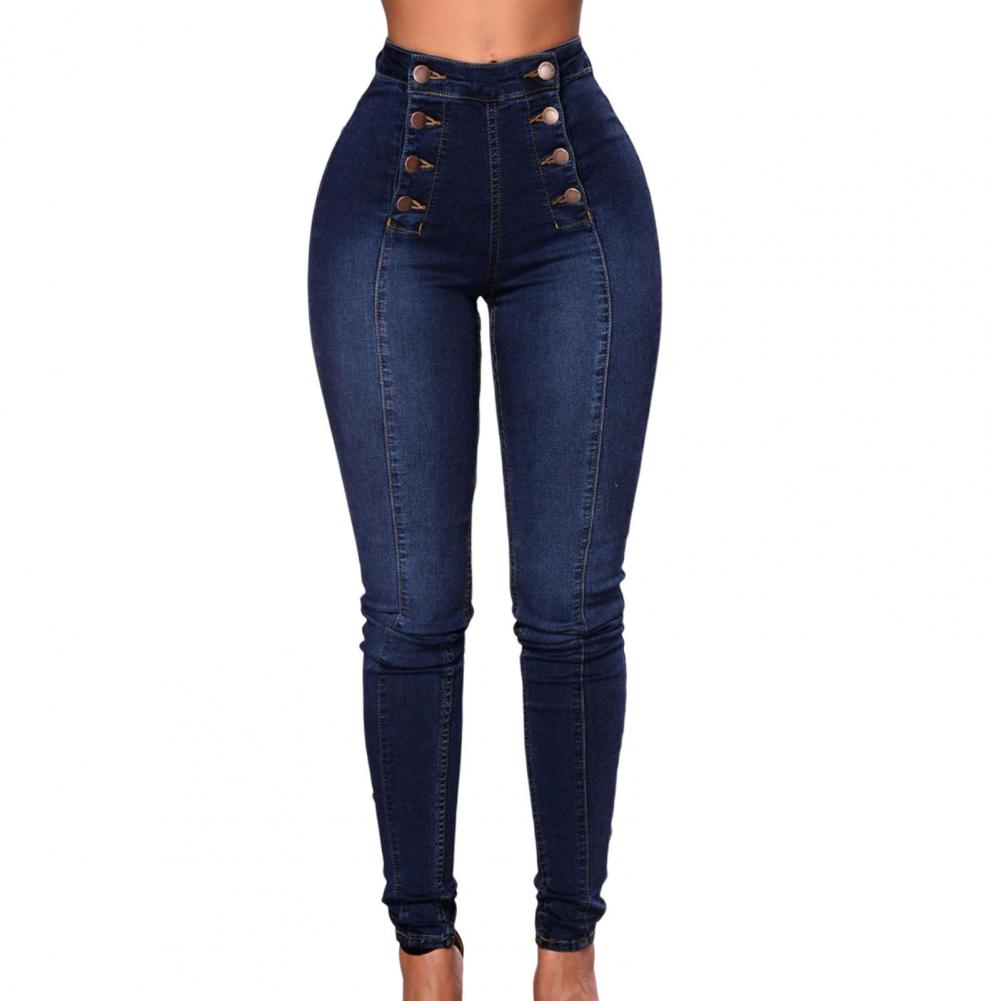Threefruit High Waist Women Jeans Buttons Decoration Shaping Pockets Push Up Fashion Skinny Double-breasted Pencil Jeans Streetwear