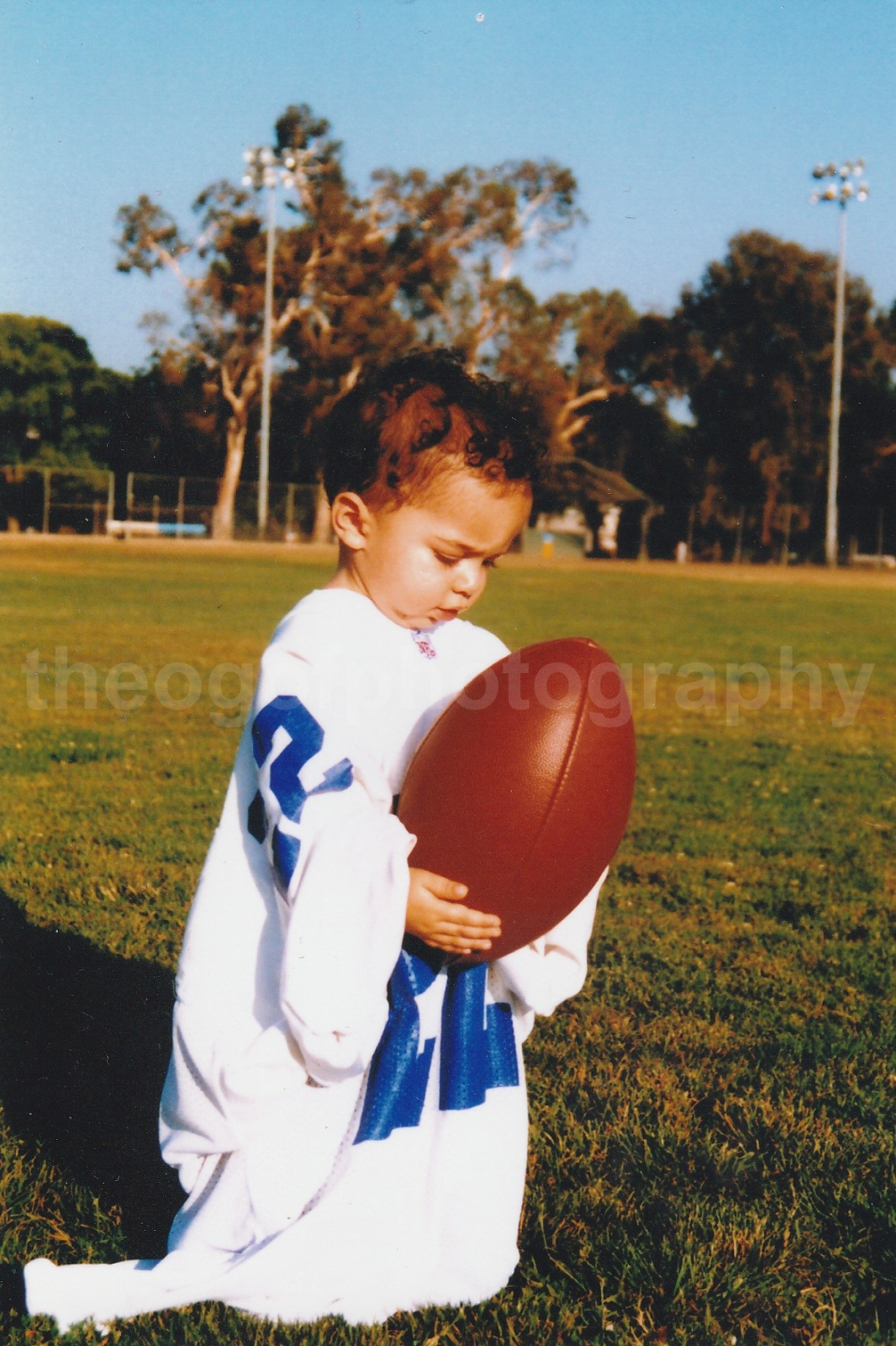 FOOTBALL KID Vintage FOUND Photo Poster painting Toddler COLOR SnapshotM 81 30