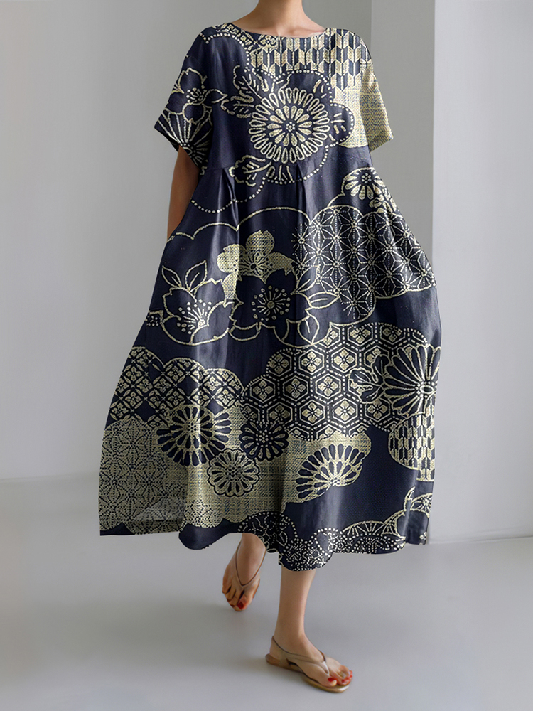 Comstylish Vintage Japanese Art Print Short Sleeve Loose Midi Dress