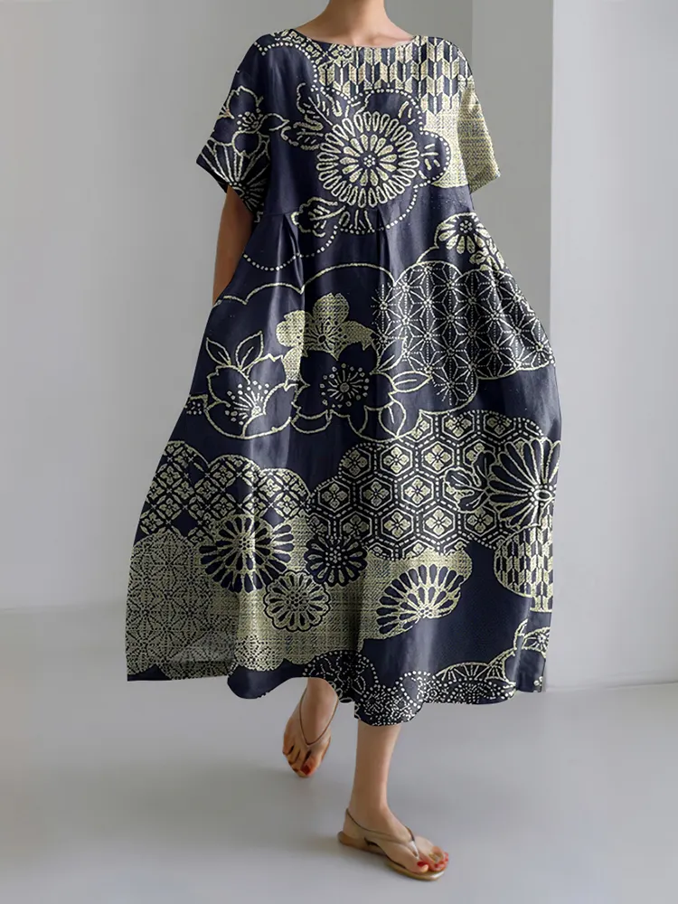 Vintage Japanese Art Print Short Sleeve Loose Midi Dress