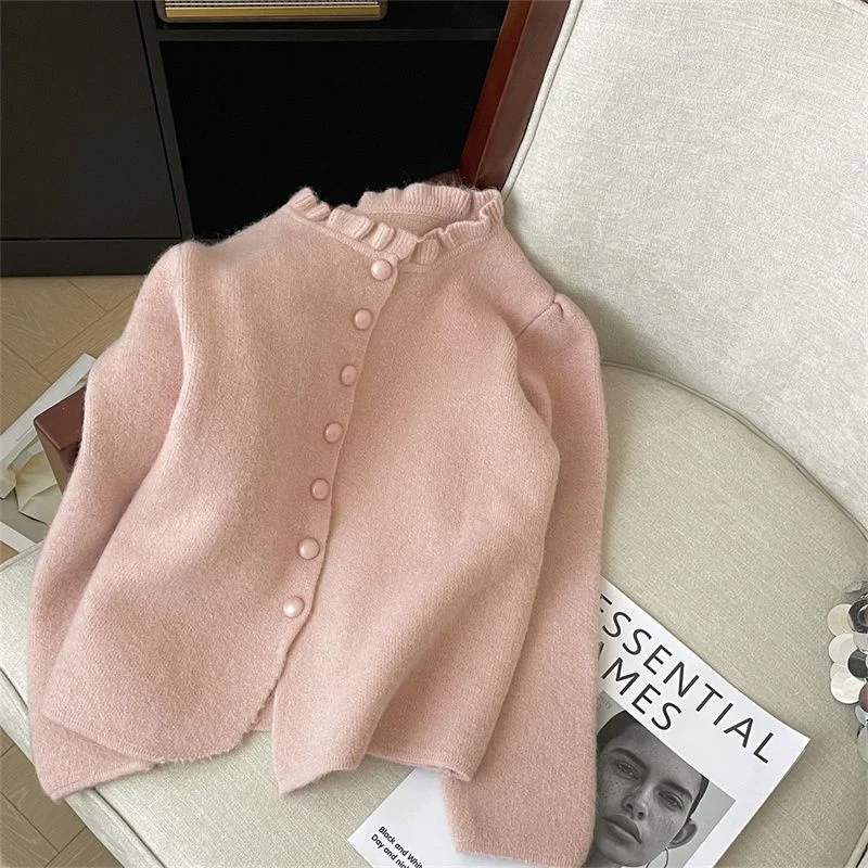 Uveng Uveng New Pink French Gentle Knitted Autumn And Winter Cardigan High-End Blouse Small Scented Wind Ear Sweater Coat