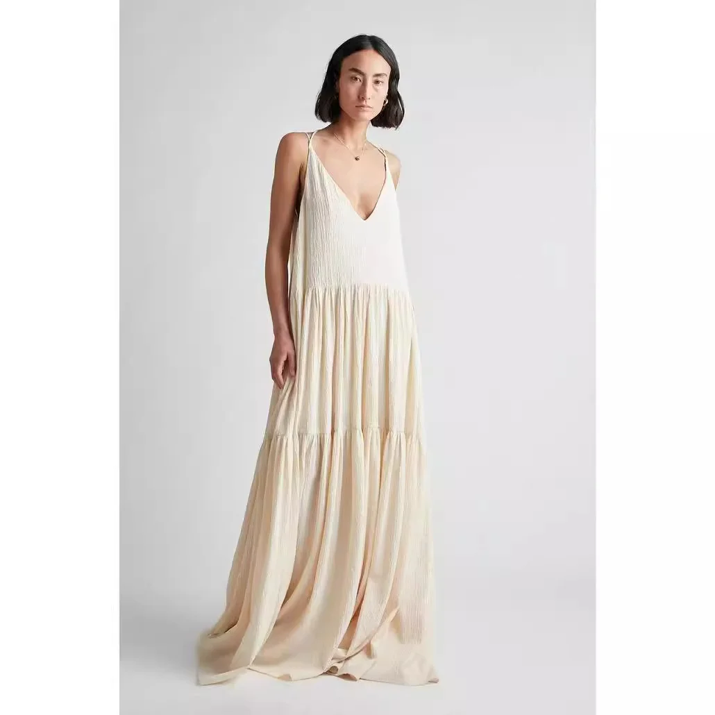 Beach Vacation Loose Solid Color Pleated Irregular Dress
