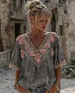 Women's Vintage Spring Floral Embroidered Art Print Flowy Linen Blend Short Sleeve Casual Tops - Image 5