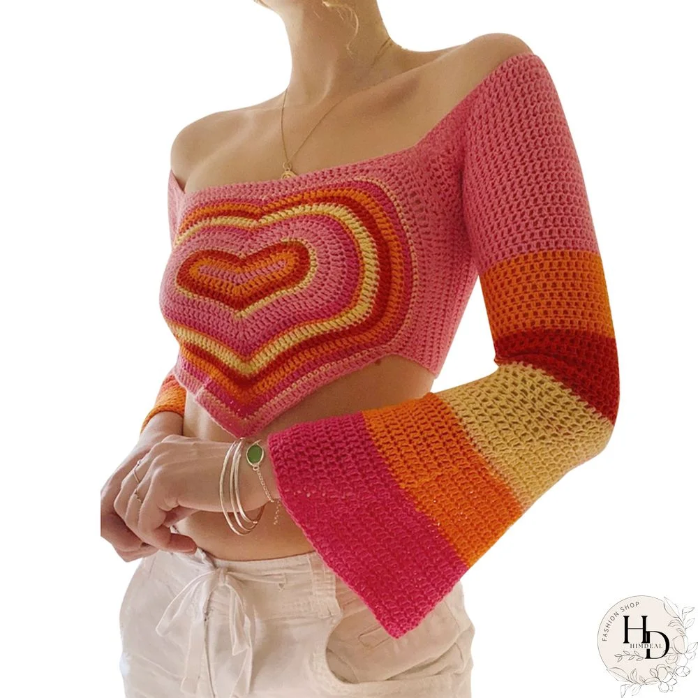 Aesthetic Grunge Sweater Vest Women Contrast Color Heart Print Flared Long Sleeve Knitwear Y2k Fairycore T Shirt