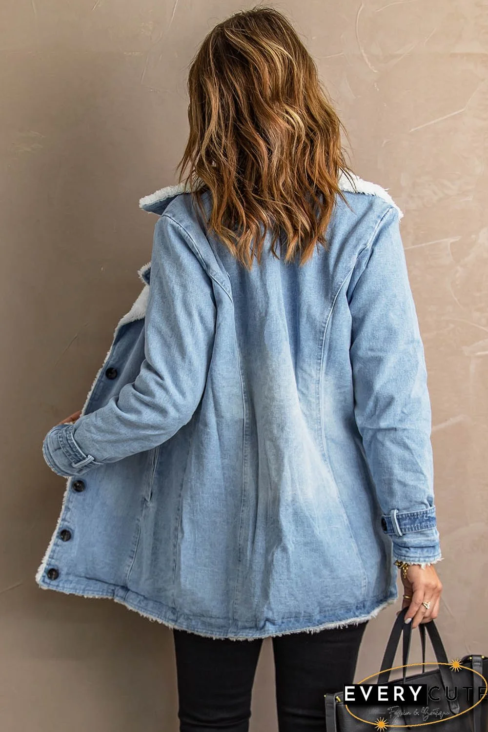 Sky Blue Lapel Collar Button Fleece Jacket