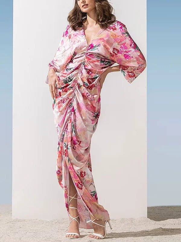 pleated temperament chiffon print ladies kaftan