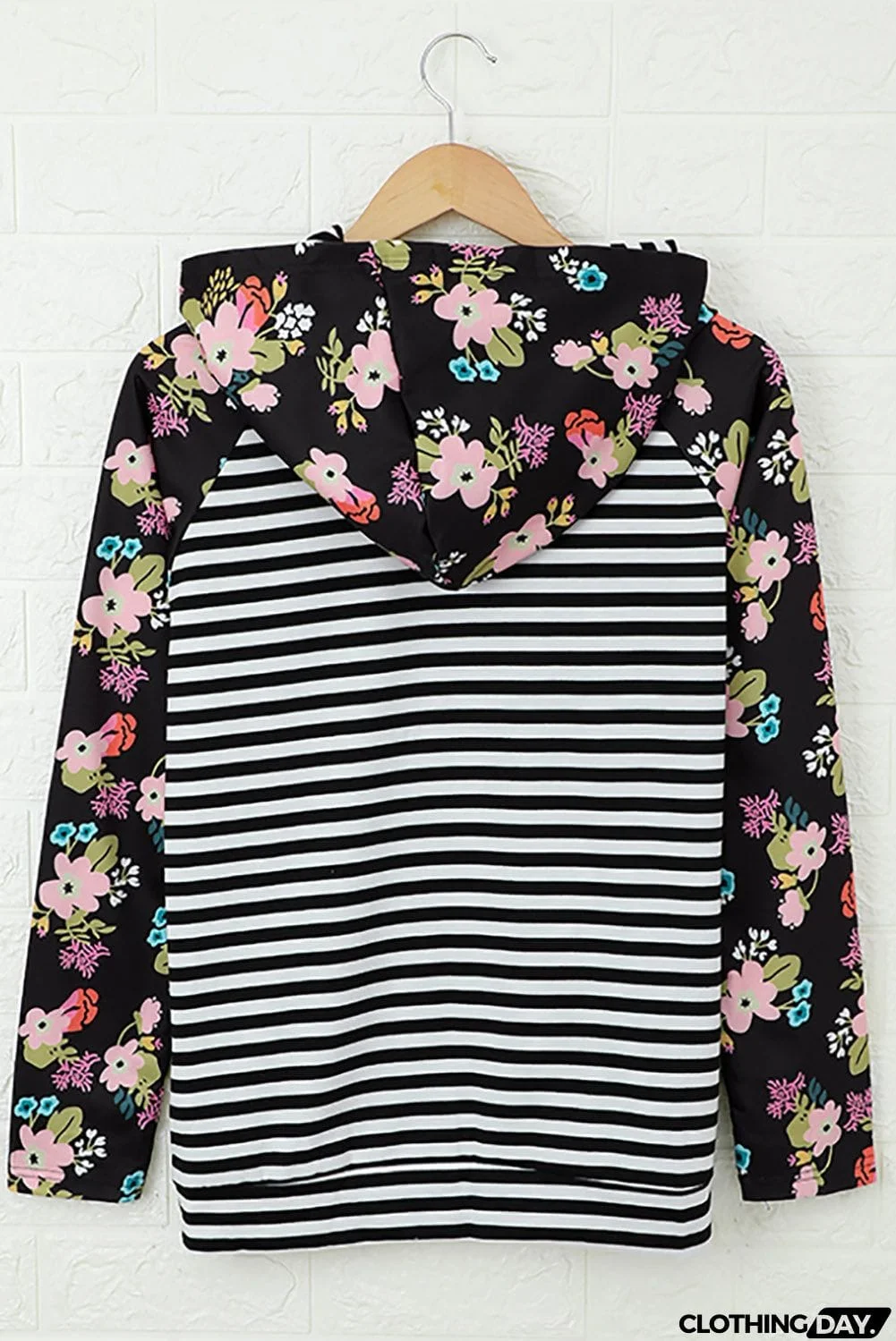 Striped Floral Print Long Sleeve Zipper Hoodie