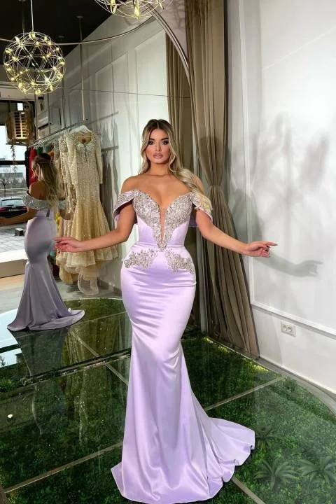Daisda Stunning Lilac Off the Shoulder Long Mermaid Prom Dress 