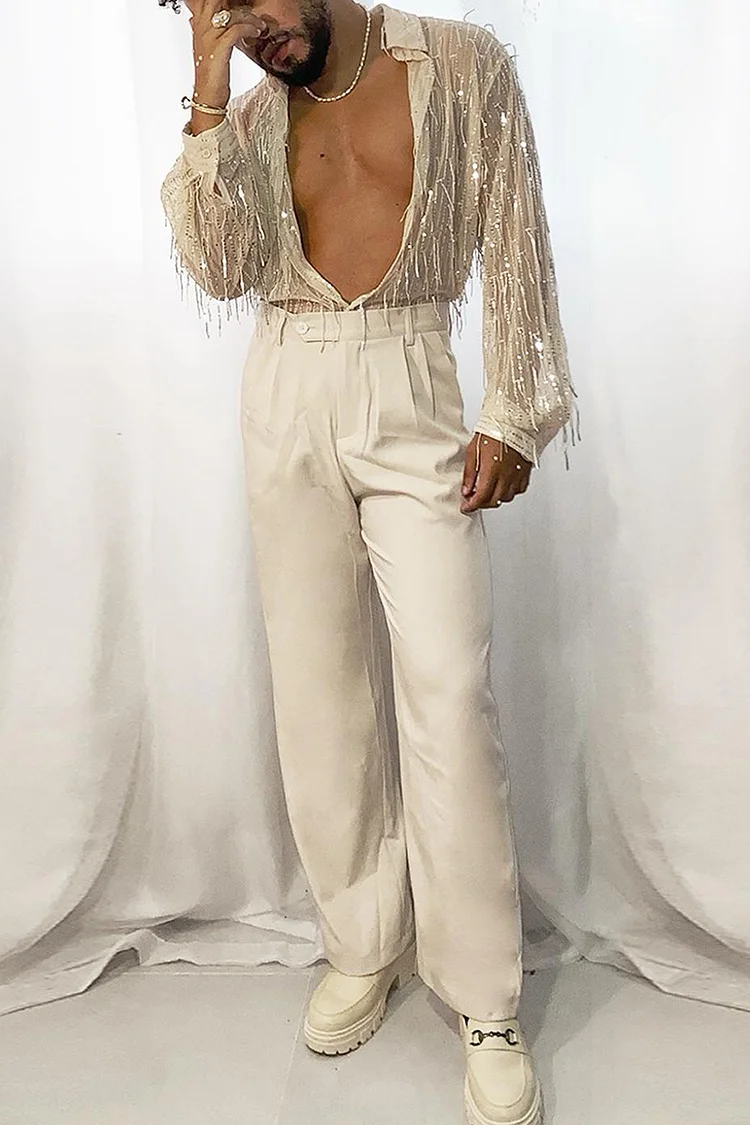 Ciciful Sequin Fringe See-Through Turndown Collar Long Sleeve Champagne Gold Shirt