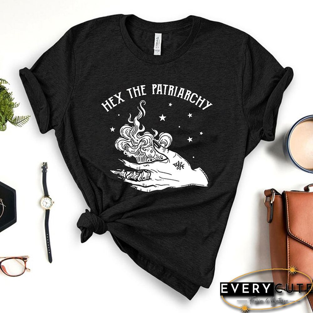 Hex The Patriarchy Women T Shirt Skull Finger Funny Printed Tshirts Witch Gothic Clothes Wicca Saying Spooky 90s Cool T-shirt
