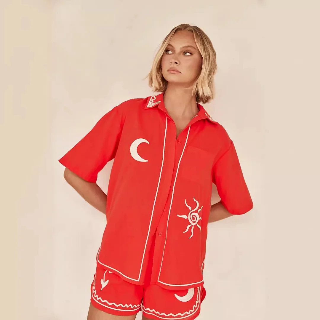 Brownm Brownm Spring And Summer New 3D Stereo Embroidery Comfortable Casual Shirt Short Suit-88189