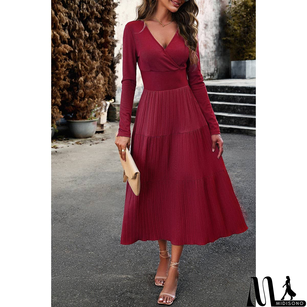 MidiSono - Elastic Waist Fit A Line Color Block Ruffle Dress