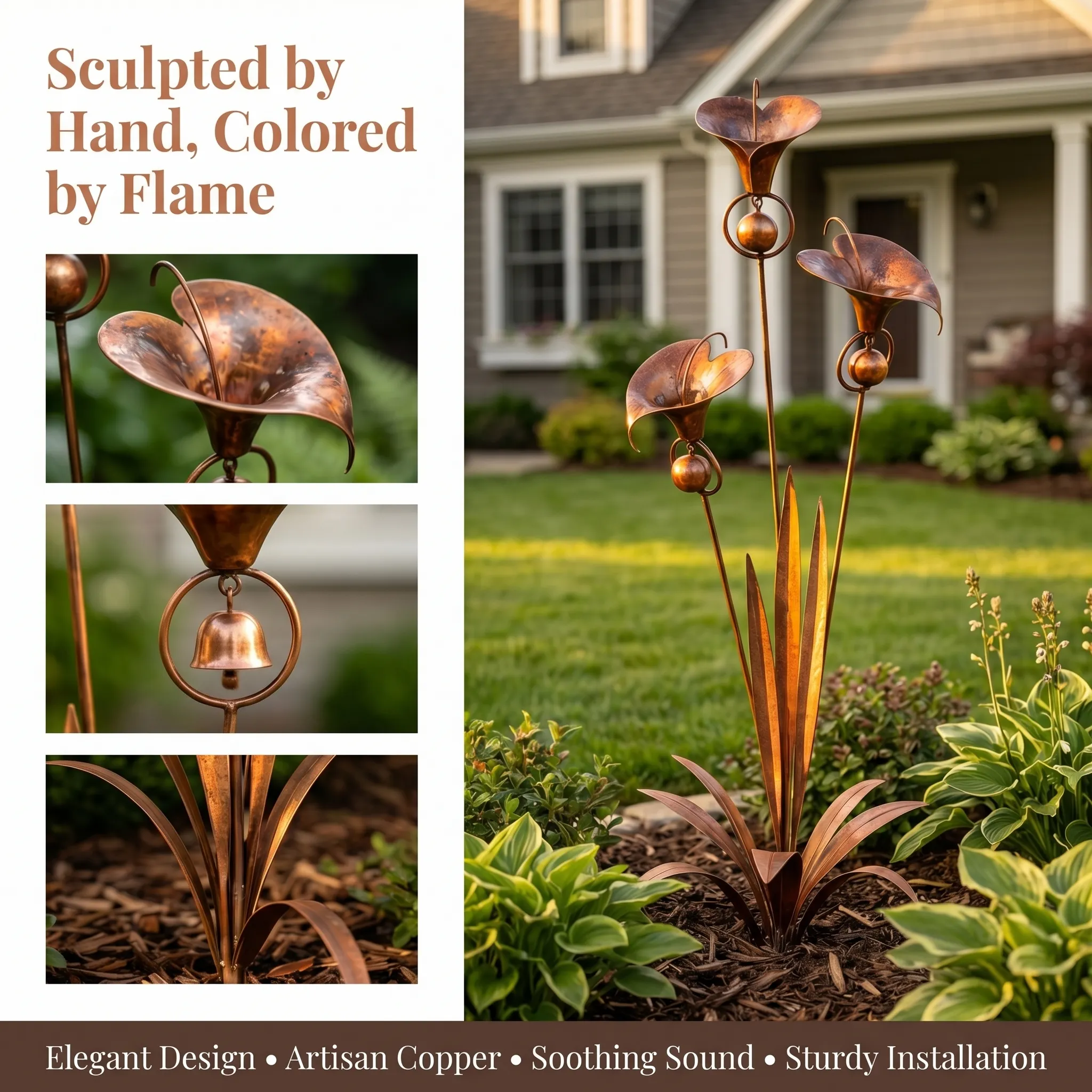 Flamed Copper Three Calla Lilies Garden Stake with Bells, 28" Handcrafted Outdoor Yard Art