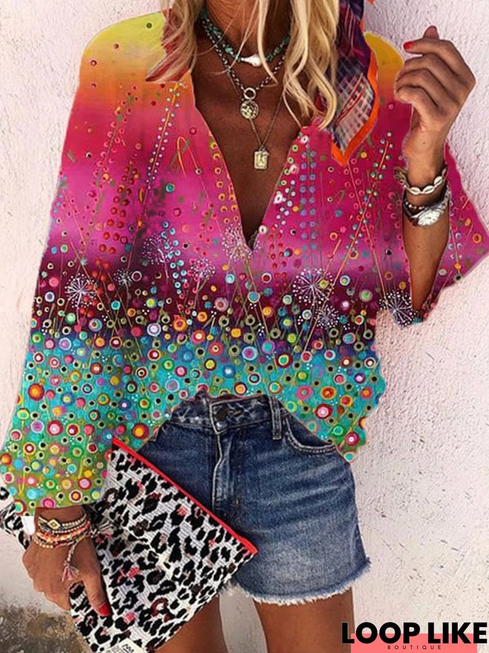 V Neck Printed Casual Tops