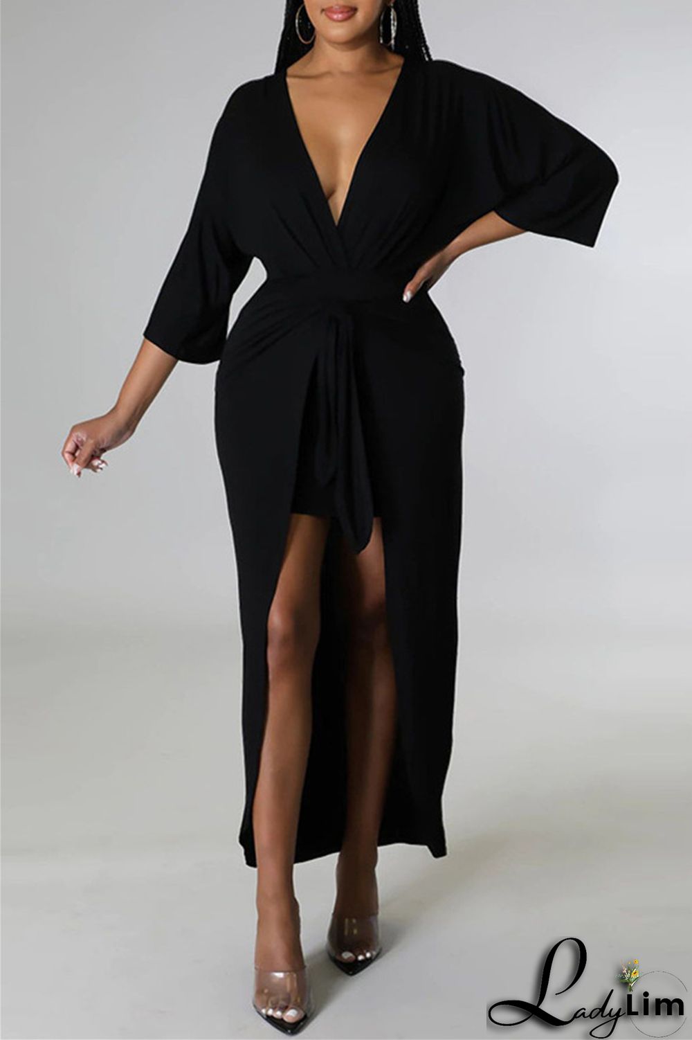 Burgundy Fashion Casual Solid Patchwork V Neck Irregular Dress