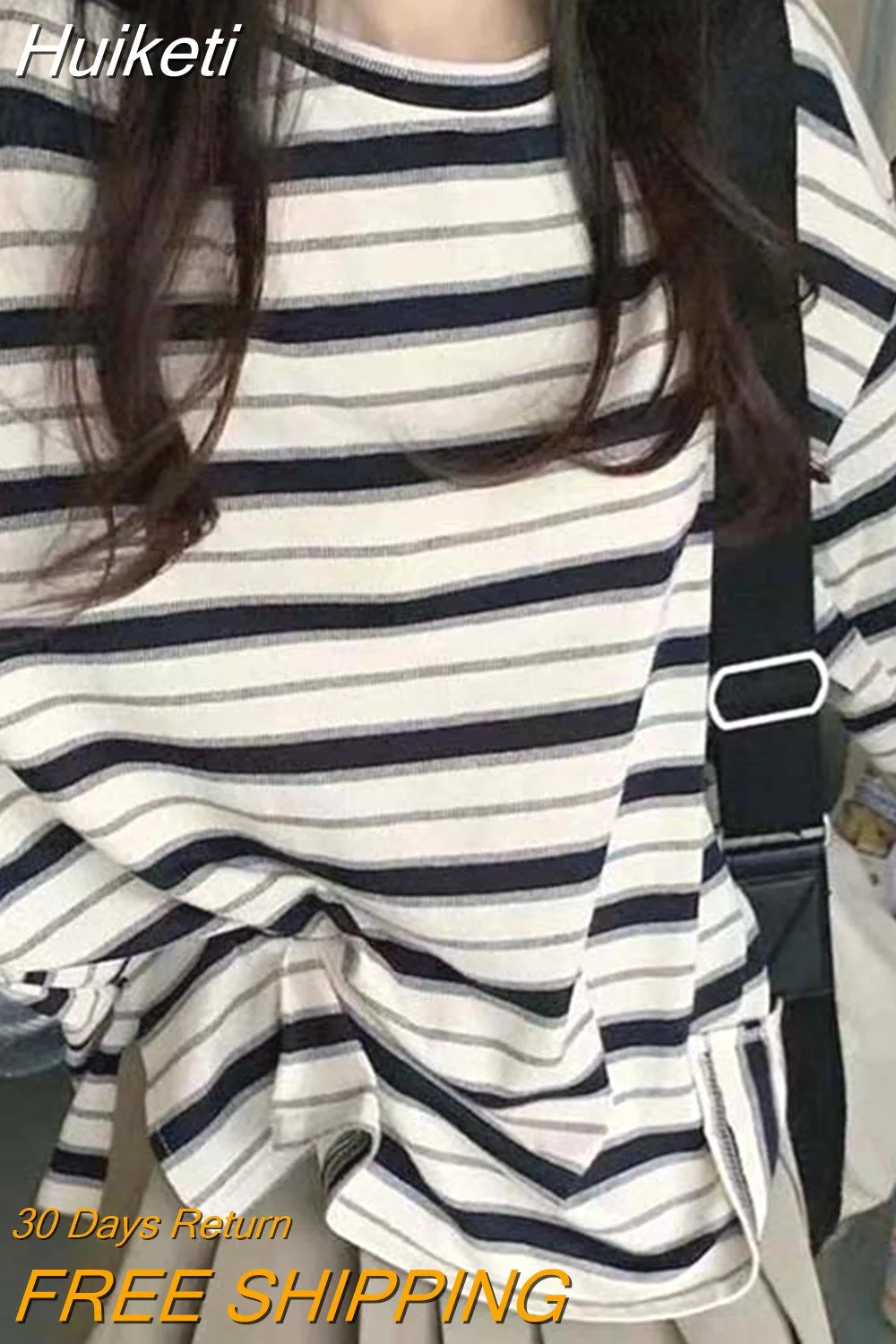 Huiketi Striped T Shirt Women Long Sleeve O-Neck T-Shirts ulzzang Korean Casual Oversized T Shirt Femme Black Tops