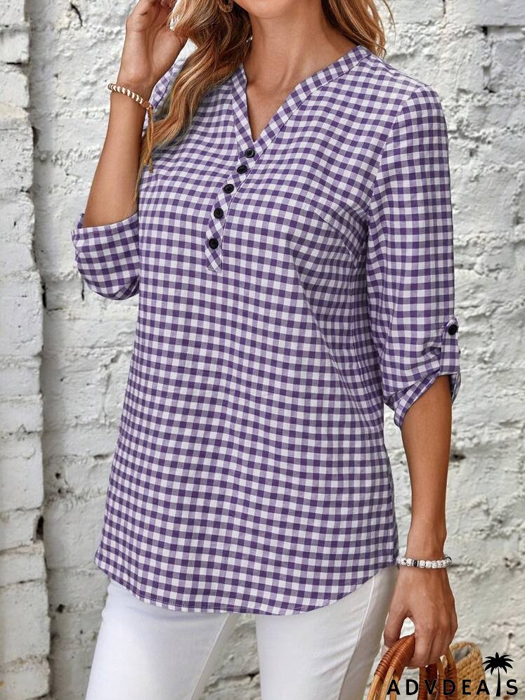 Gingham Print Half Button Roll Tab Sleeve Blouse
