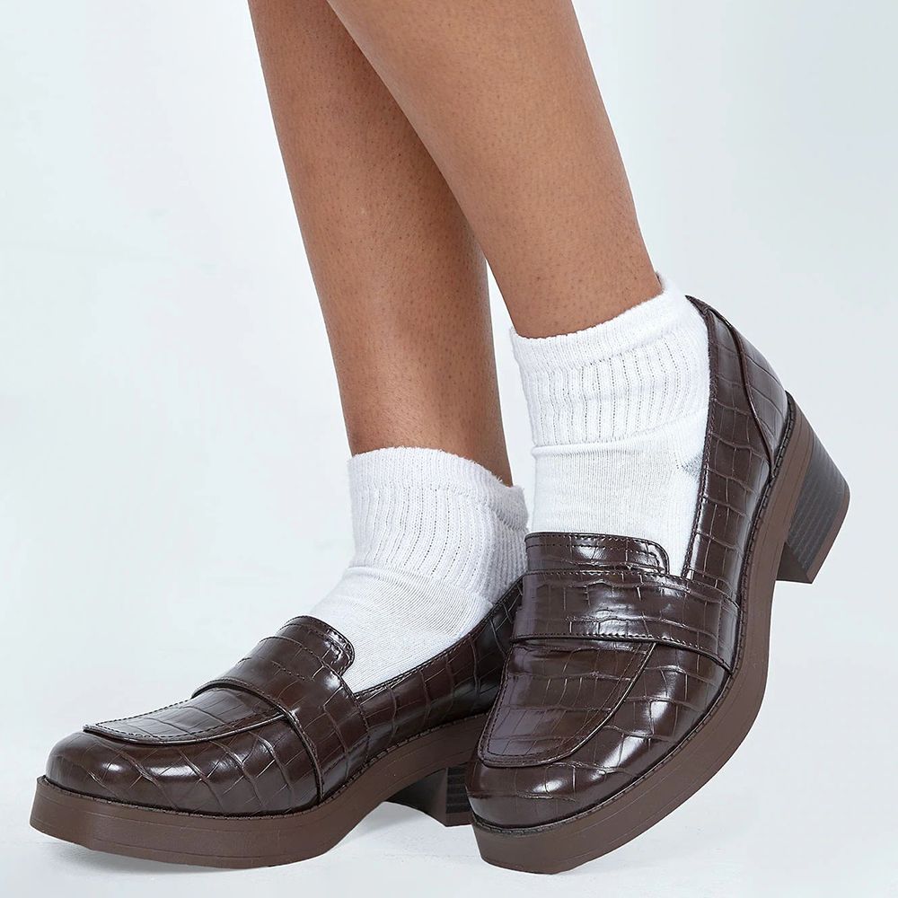 Brown Croco Embossed Closed Toe Classic Heeled Loafers Women Nicepairs