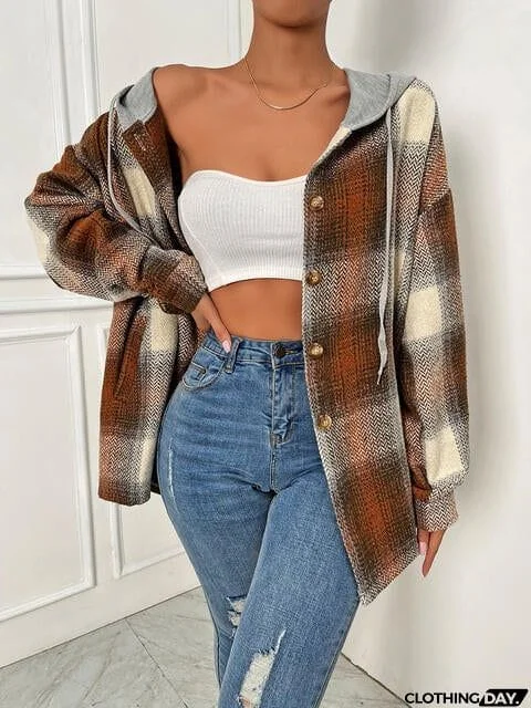 Plaid Drawstring Hooded Jacket