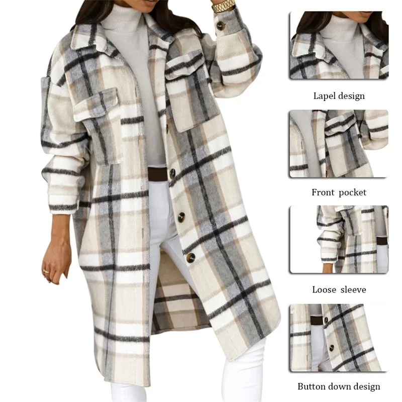 Winter Checked Jackets Coats Women Fashion Casual Oversized Turn Down Collar Long Outwear Thick Warm Woolen Blends Overcoats