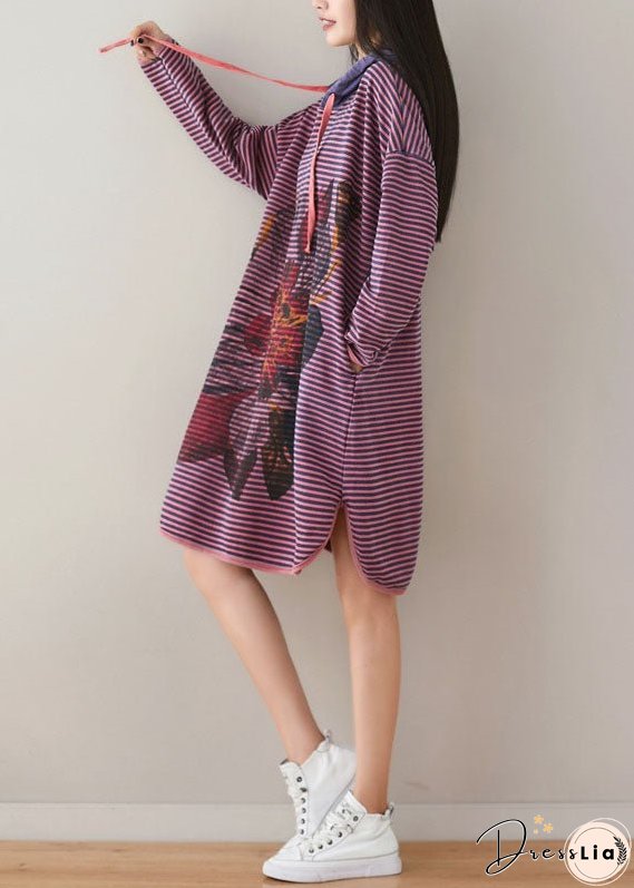 Plus Size Purple Hooded Striped Print Cotton Sweatshirt Dress Spring