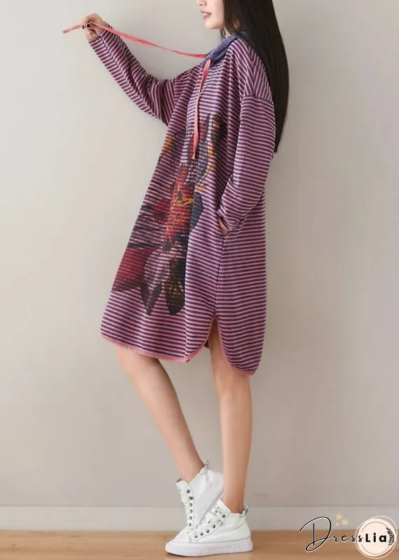 Plus Size Purple Hooded Striped Print Cotton Sweatshirt Dress Spring