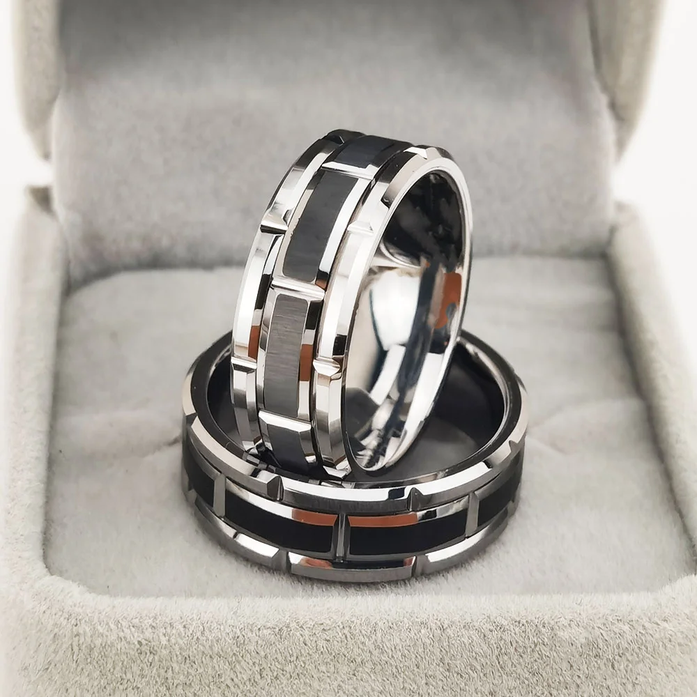 8MM Sliver Tungsten Irregular Groove Simple Black Bands For Mens