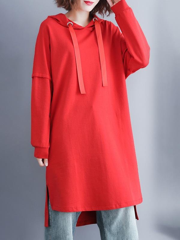 Loose Solid Color High-Low Long Hoodie