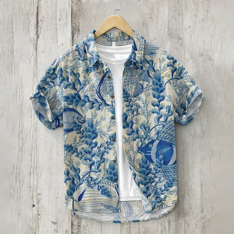 Vintage The Underwater World Japanese Art Linen Blend Shirt
