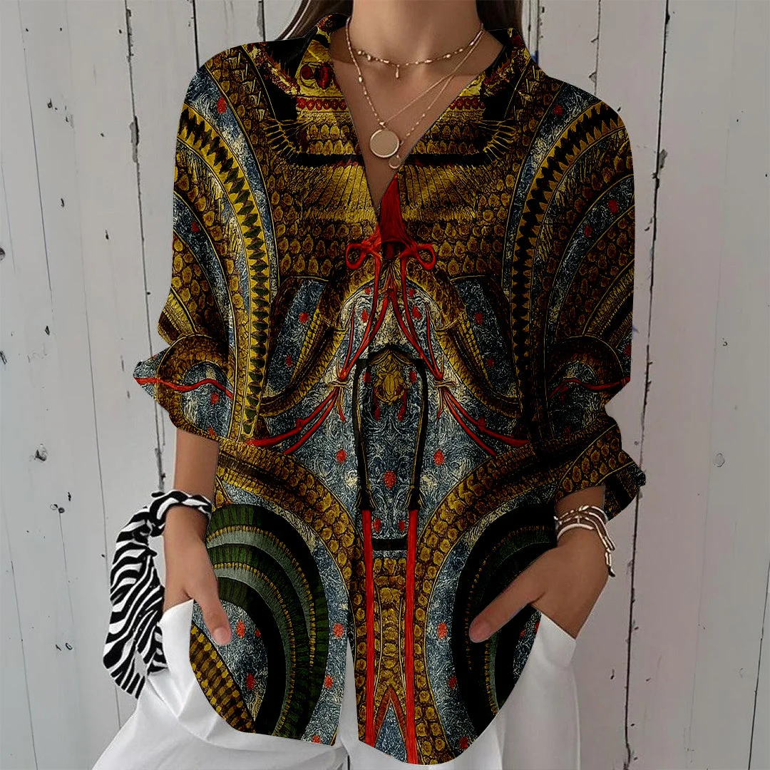Style & Comfort for Mature Women Women Bohemian, Retro, Gray, Brown DZCL0473 3/4 Sleeve Shirt Collar Printed Button Tops