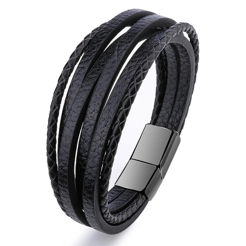 Retro Minimalist Solid Color Pu Leather Alloy Magnetic Buckle Layered Plating Men’s Bracelets Men Cord & Leather Bracelets