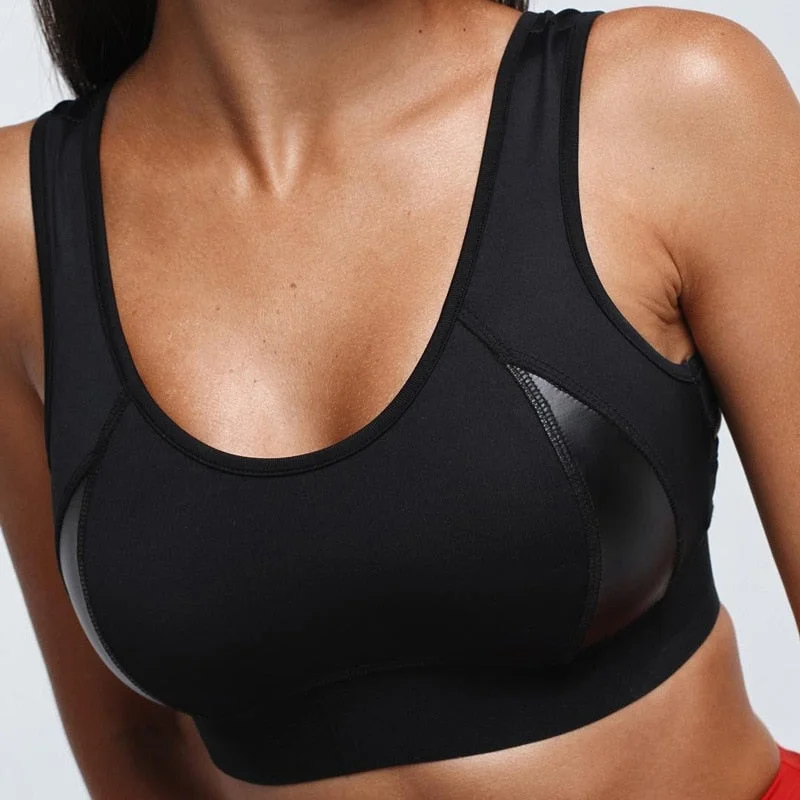 SVOKOR Womens Bra Leather Splice Fitness Underwear Push Up Tops Gym Fitness Women Workout Bra