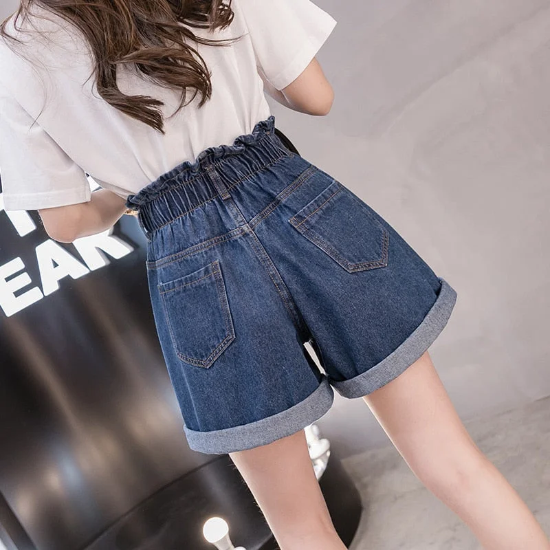 Zoki Plus Size Women Denim Shorts Elastic High Waist Loose Korean Short Jeans Fashion Casual Button Blue Wide Leg Shorts 5XL