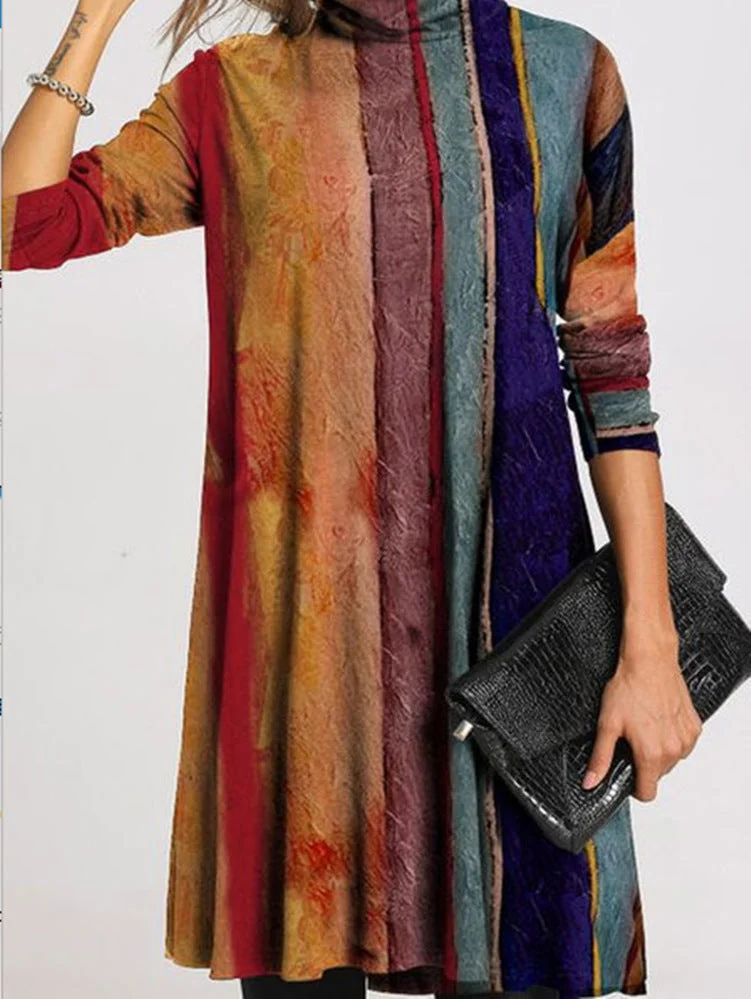 Brownm Fashion Printed Collar Long Sleeves Loose Dresses