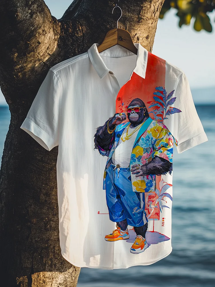 Men's Vacation Style Gorilla Print Short Sleeve Shirt