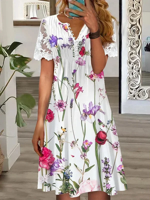 Women Short Sleeve V-neck Floral Printed Lace Midi Dress