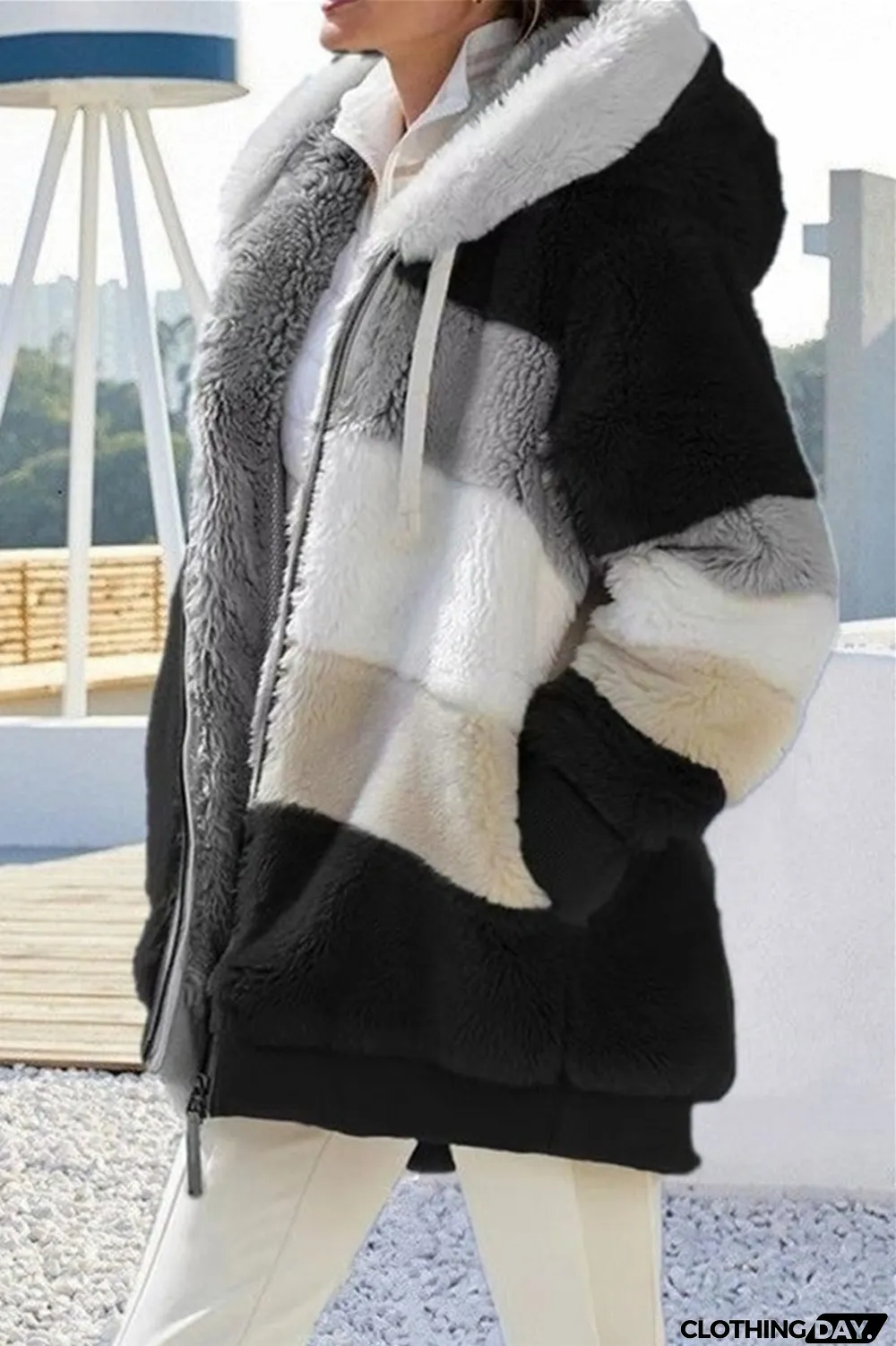 Black Fashion Casual Patchwork Zipper Hooded Collar Plus Size Overcoat