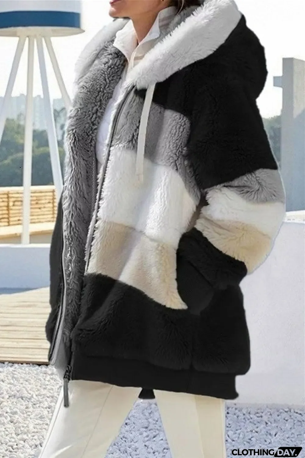 Black Fashion Casual Patchwork Zipper Hooded Collar Plus Size Overcoat