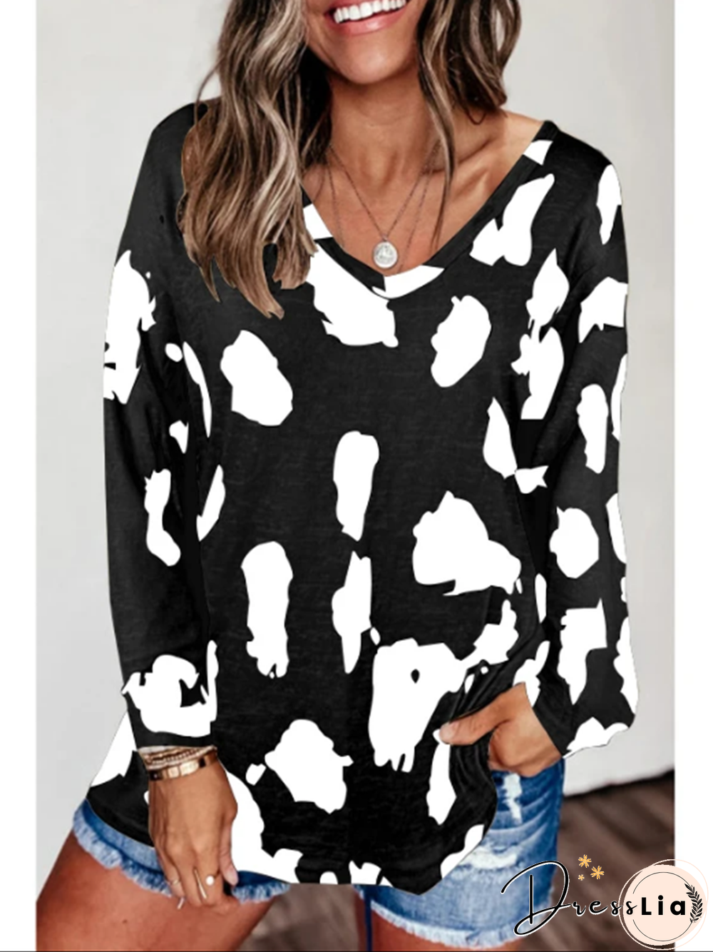 V Neck Long Sleeve T-Shirt Casual Basic Tops