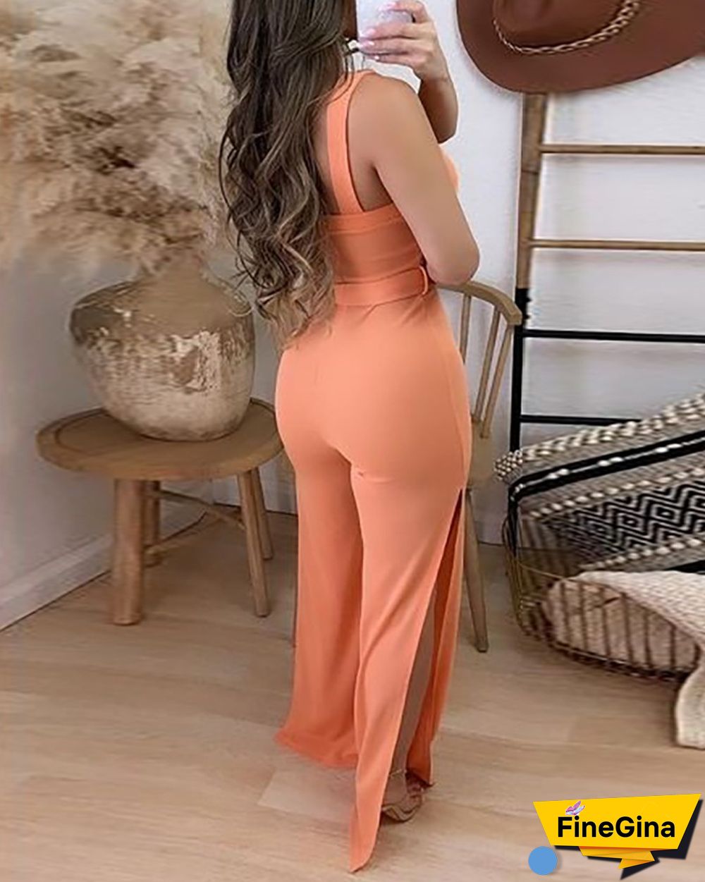 Thick Strap Backless Slit Jumpsuit With Belt