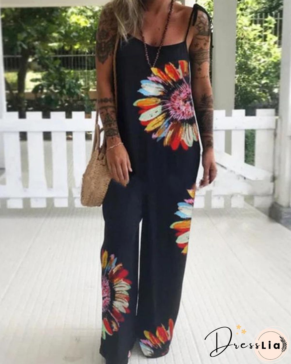 Black Floral Spaghetti Casual One-Pieces