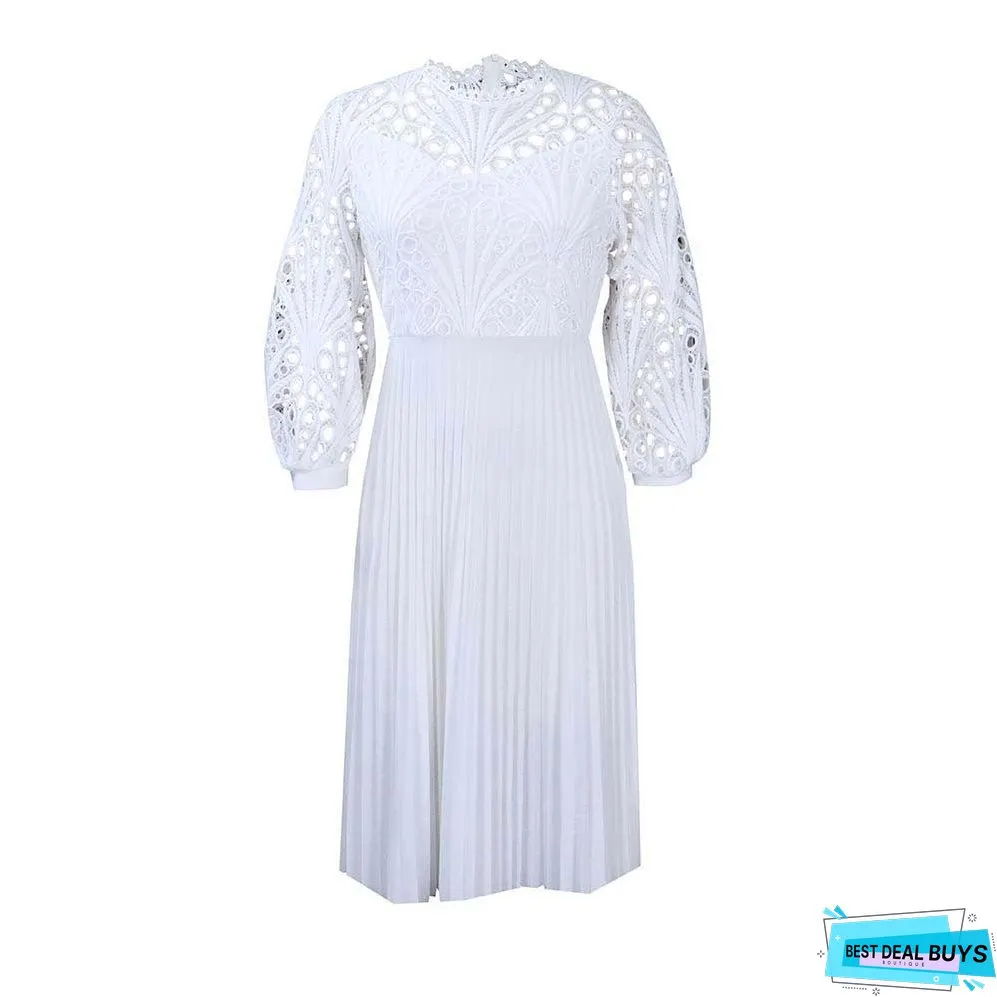 Large size lace crochet sexy openwork pleated dress dress