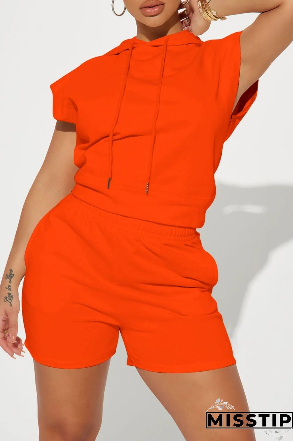 Orange Casual Solid Basic Hooded Collar Sleeveless Two Pieces