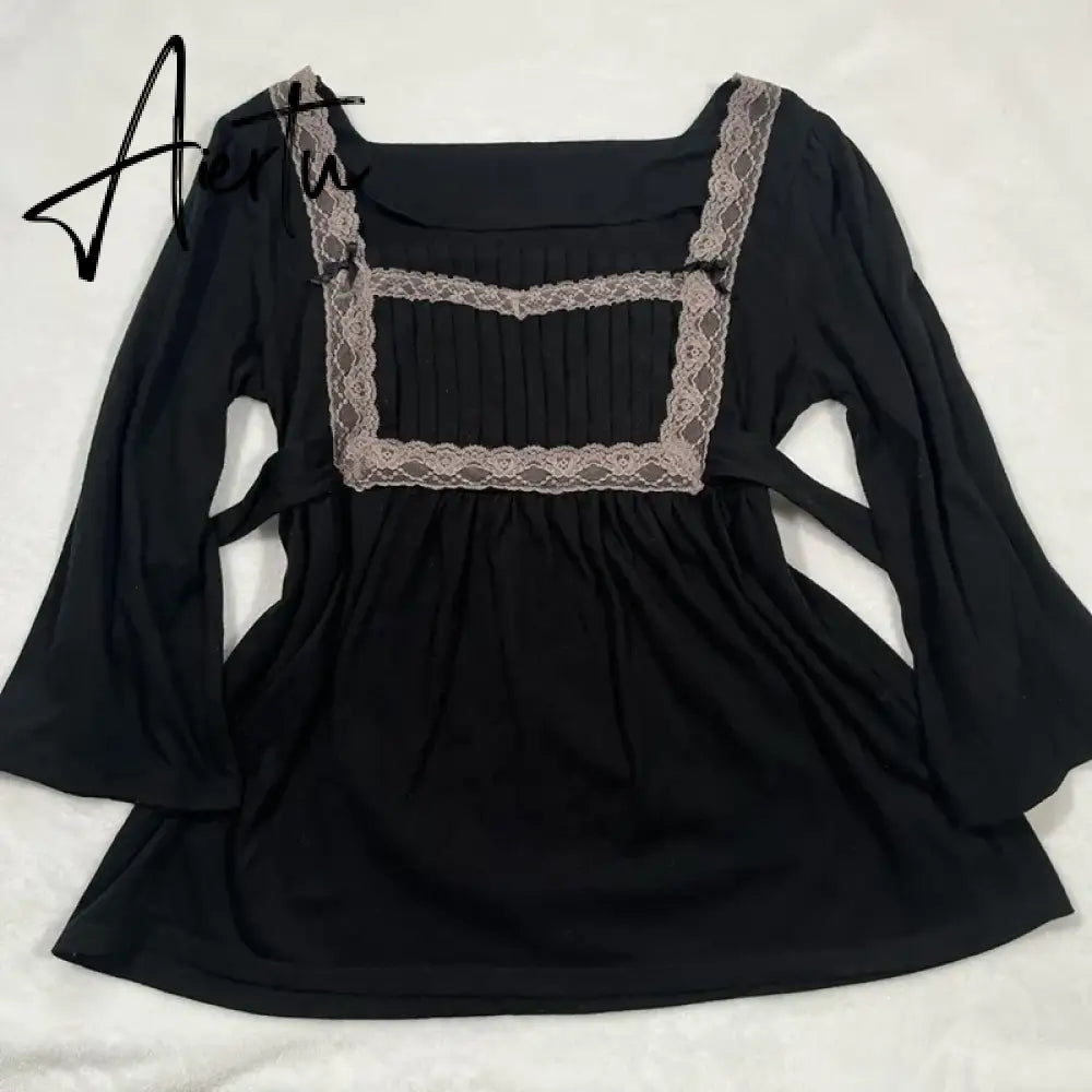 Kawaii Coquette Grunge T-shirt Lace Trim Square Collar Half Sleeve Milkmaid Tees 00s Retro Y2K Aesthetic Tie Up Waist Crop Tops Aiertu