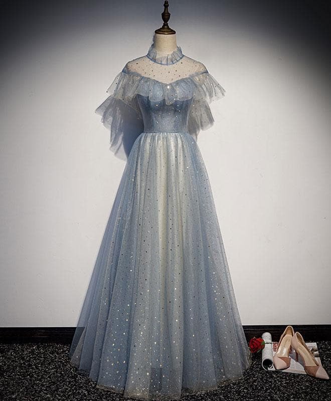 Light Blue Tulle Lace Long Prom Dress, Tulle Evening Dress A015