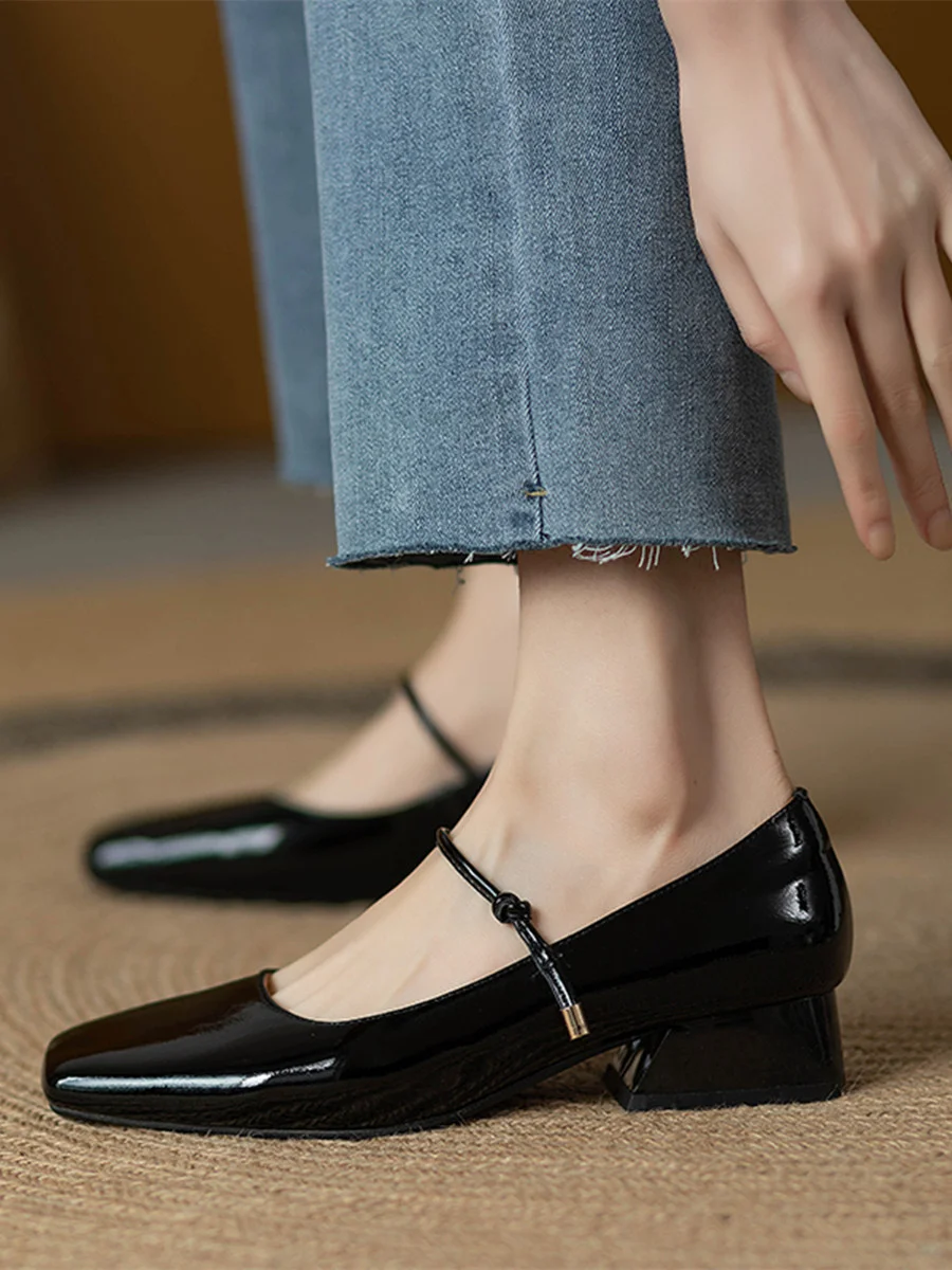 Breakj Breakj Spring Red Patent Leather Side Head Shallow Mouth Thick Low Heel French Retro Word With Mary Jane Singles Shoes