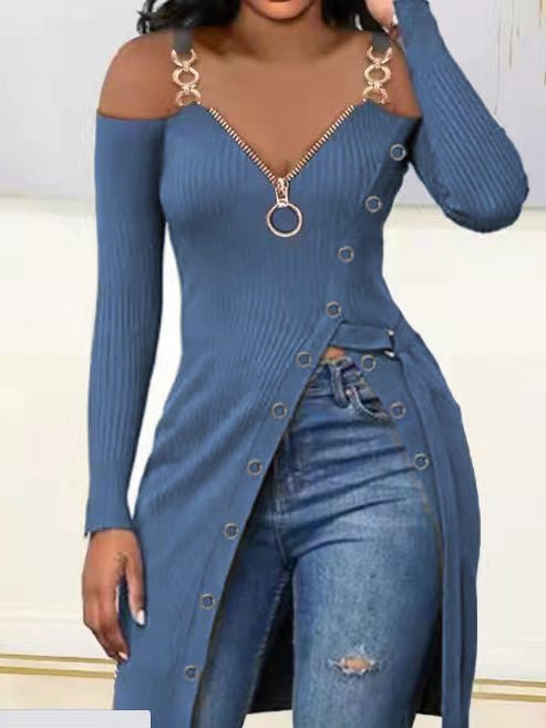 Women's T-Shirts V-Neck Zip Sling Long Sleeve High Slit T-Shirt