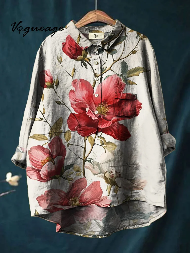 Elegant Comfortable And Generous Flowers Print Cotton And Linen Shirt