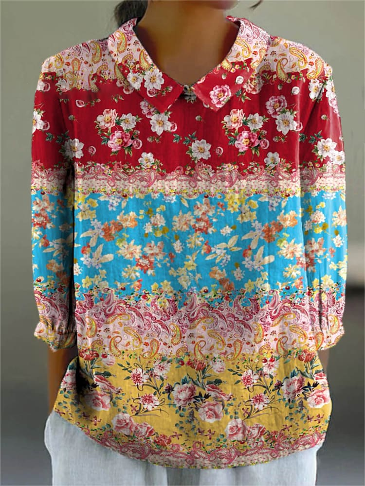 Womens Geometric Floral Pattern Cotton And Linen Top