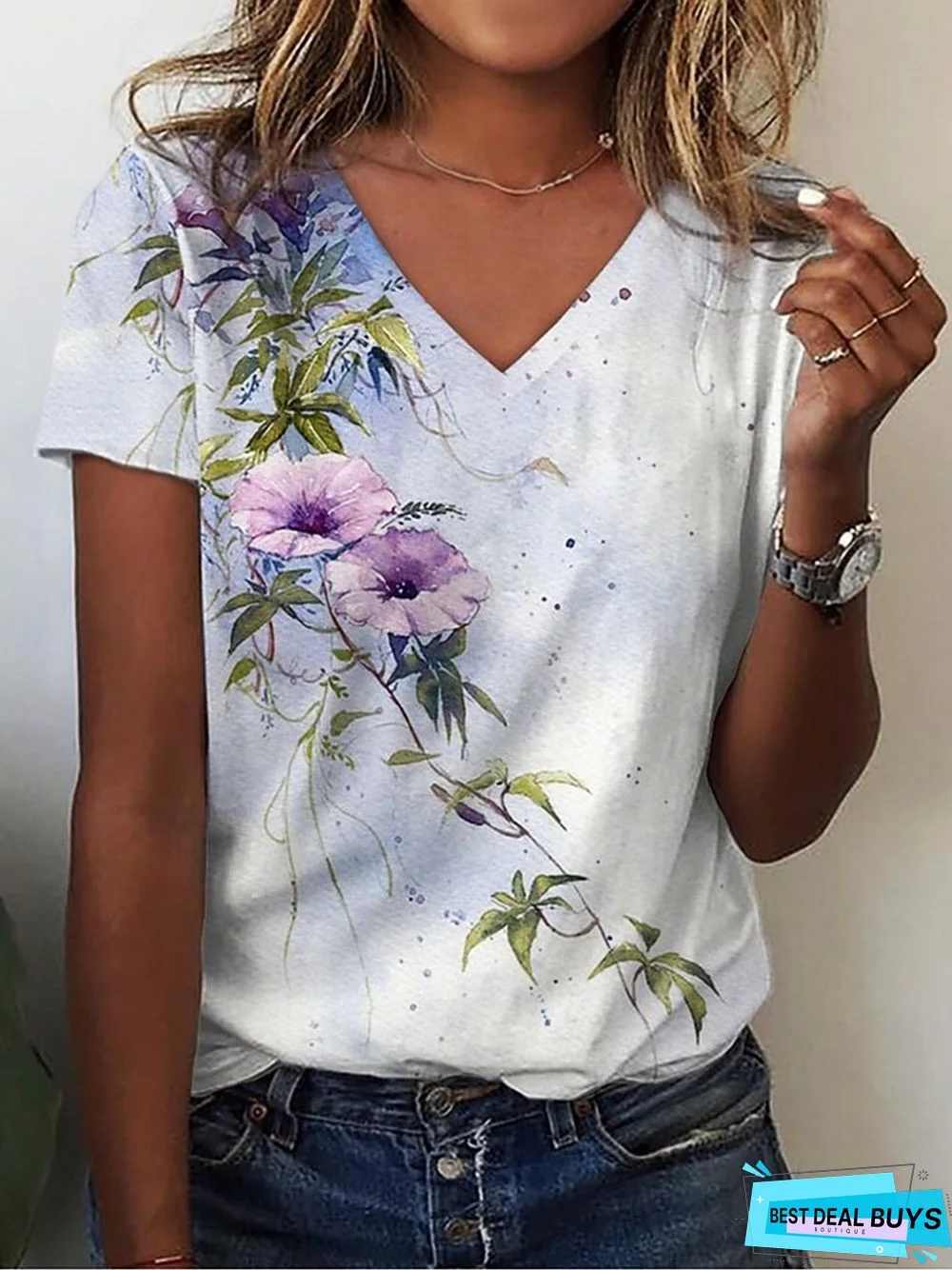 Women's Casual Holiday Weekend Floral Painting T shirt Tee Leaf Short Sleeve Print V Neck Basic Top Tunic T-Shirt